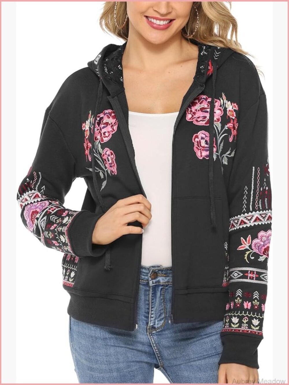 Bohemian Embroidered Jacket Full Zip Long Sleeve Coat Fall Winter Warm Hoodie